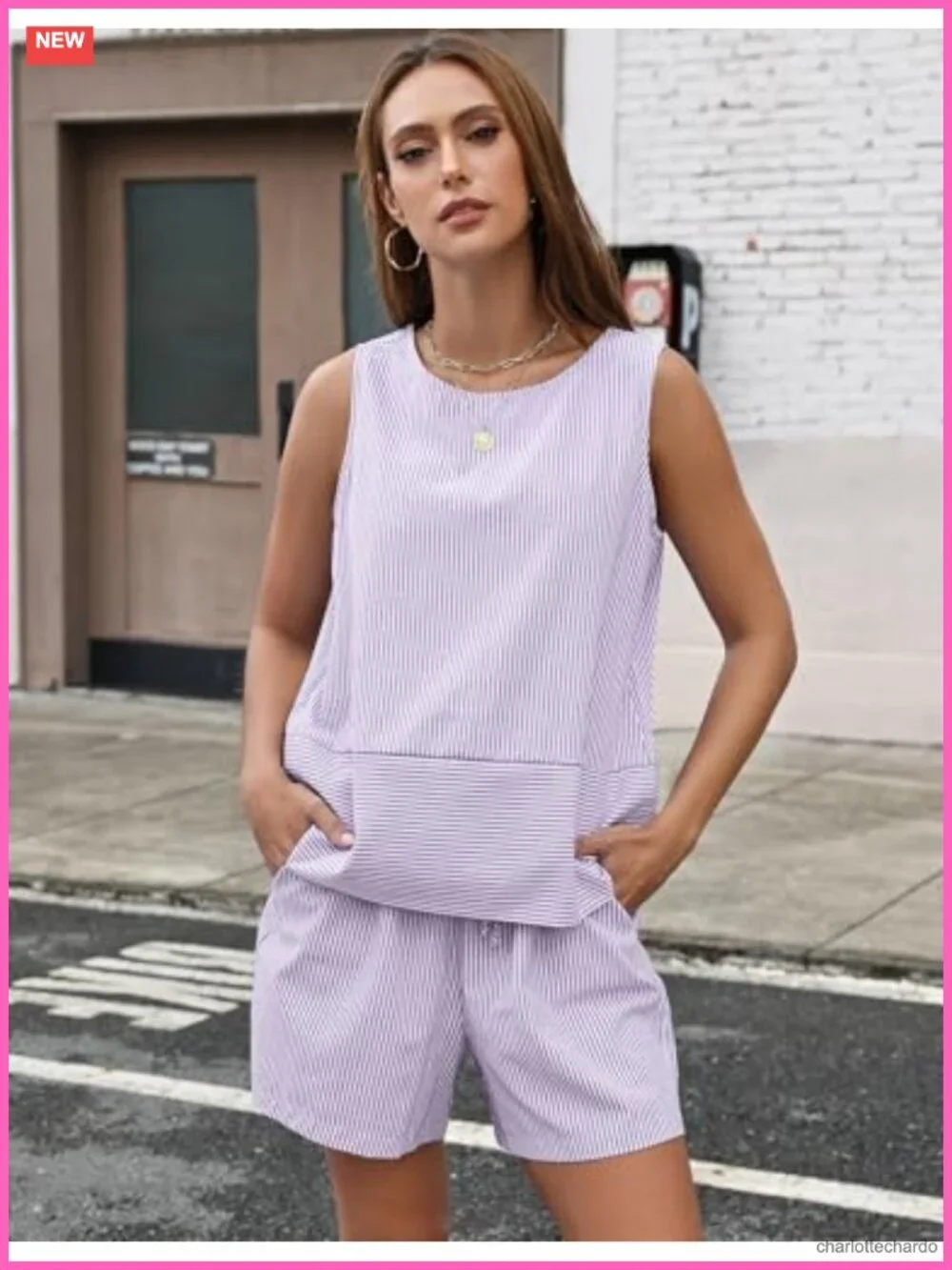 Women's 2 Piece Shorts Set Sleeveless Tank Top with Pockets 100% Cotton Loose